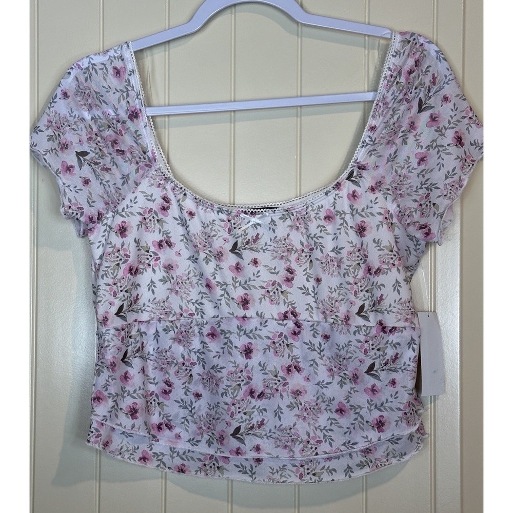 Baby Tee 90s pink white floral Mesh tiered crop top sheer sleeves Sz XL NWT